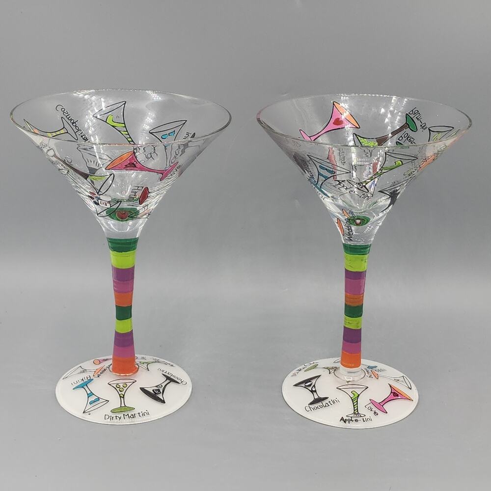 Lolita "Multi-tini" Martini Glasses 7" Tall 4.75" Wide Hand Painted Recipe Cosmo
